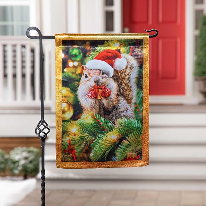 Evergreen Flag Santa Squirrel Lustre Garden Flag | Christmas Garden Flag for Outside 12x18 Double Sided | Weather and Fade Resistant | Outdoor Flag For Yards and Gardens