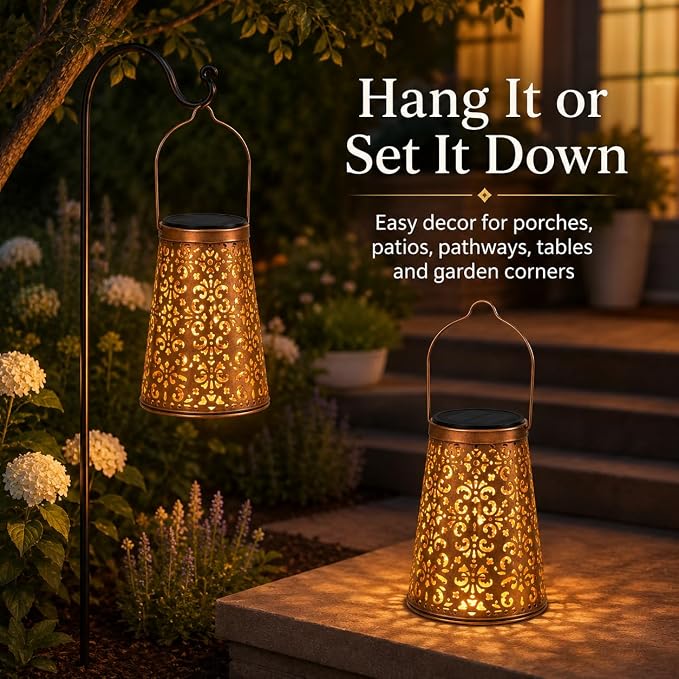 LeiDrail 2 Pack Hummingbird & Flower Solar Lanterns Outdoor, Hanging Waterproof Vintage Metal Lantern, Auto On/Off Garden Patio Yard Porch Pathway Decor, Gifts for Women Mom Grandma