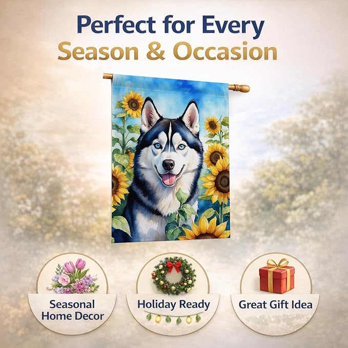 Caroline's Treasures DAC6164CHF Siberian Husky in Sunflowers House Flag Large Porch Sleeve Pole Decorative Outside Yard Banner Artwork Wall Hanging, Polyester, House Size, Multicolor
