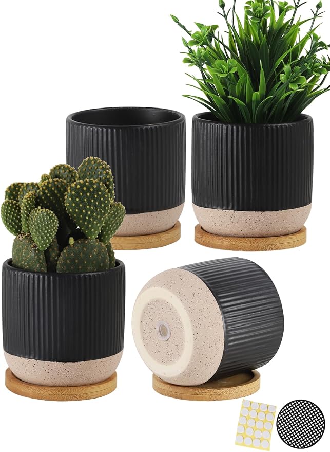 4" Black Ceramic Plant Pots with Drainage Holes & Trays Set of 4 | Vertical Stripes Succulent Pot with Saucer, Small Flower Planter Sets for Indoor Plants, Cactus & Herbs