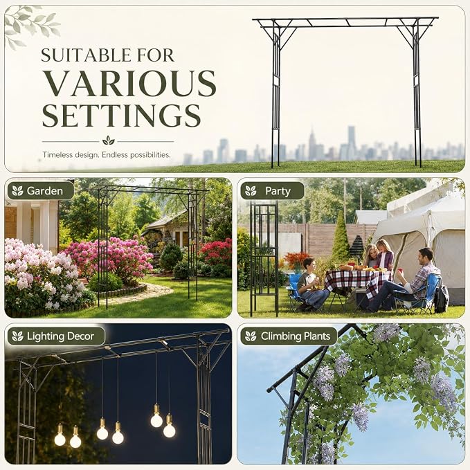 Flat Top Garden Arch Trellis Pergola, 11.8 x 9.02 FT Large Metal Arbor for Climbing Plants, Plastic-Coated Galvanized Steel Frame, Outdoor Decorative Arch for Garden, Backyard, Lawn (Black)