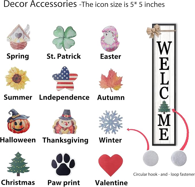 Interchangeable Welcome Sign for Front Door Standing, 45"X9" with 12 Pcs Replaceable Icons Rustic Outdoor Tall Front Porch Farmhouse Outside Wreath Leaner Vertical Decor (Black)