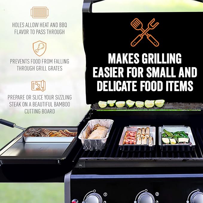 Yukon Glory™ BBQ 'N SERVE Premium Set, Includes 3 Grill Baskets, Serving Tray, Bamboo Cutting Board, Plastic Lid and Clip-on Handle | 7-piece complete set | RUST-PROOF & WARP-PROOF | Bamboo board | Serving station | Clip-on handle | Dishwasher safe