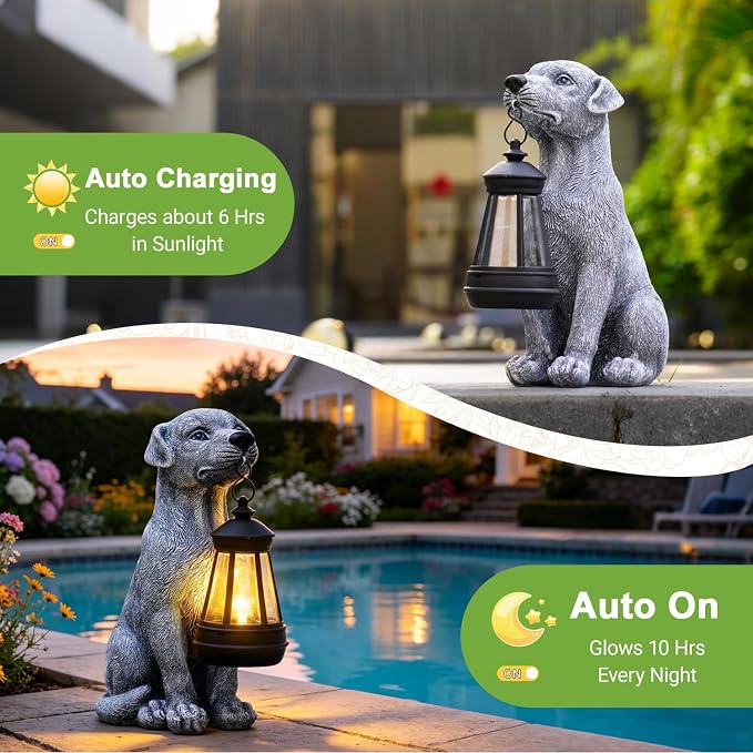Goodeco Dog Statue with Solar Lantern - Cute Garden Dog Figurines | Weather-resistant resin for patio, yard & pathway, great gift for dog lovers, mom, grandma & pet memorial
