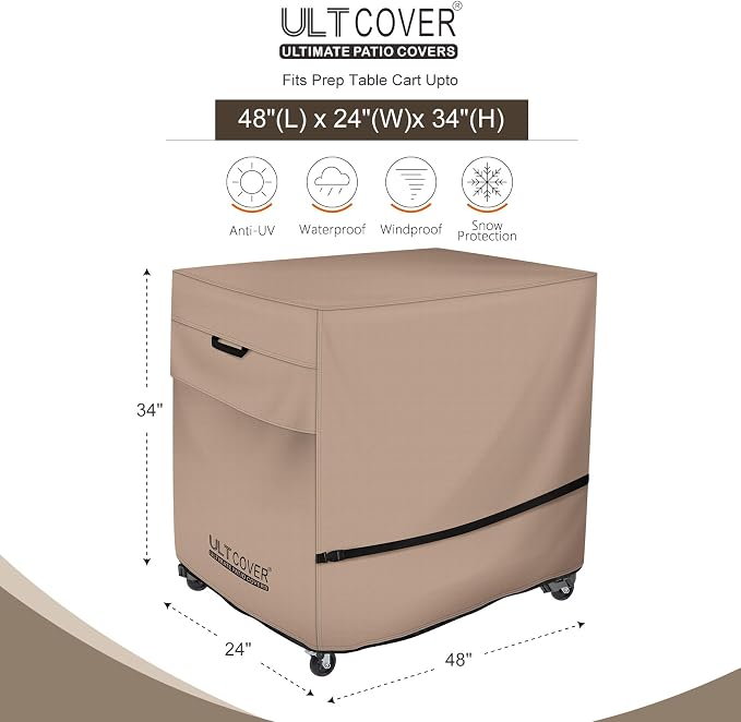 ULTCOVER Rolling Dining Prep Table Cart Cover 48L x 24W x 34H inch for Outdoor Garden Patio Kitchen Food Serving Worktable
