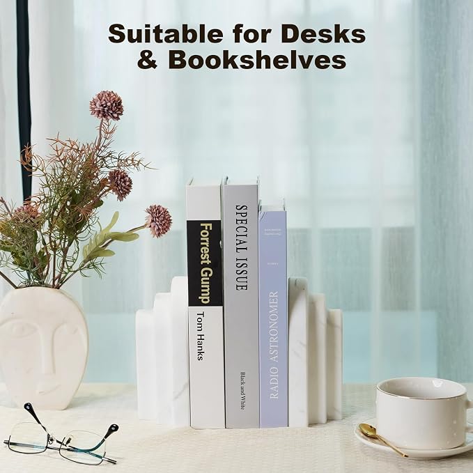 Natural Marble Book Ends - Heavy Duty Bookends for Shelves - Aesthetic Layered Arch Design Stone Book Holders, Decorative Modern Office Bookshelf Stopper Decor for Books/CDs, White