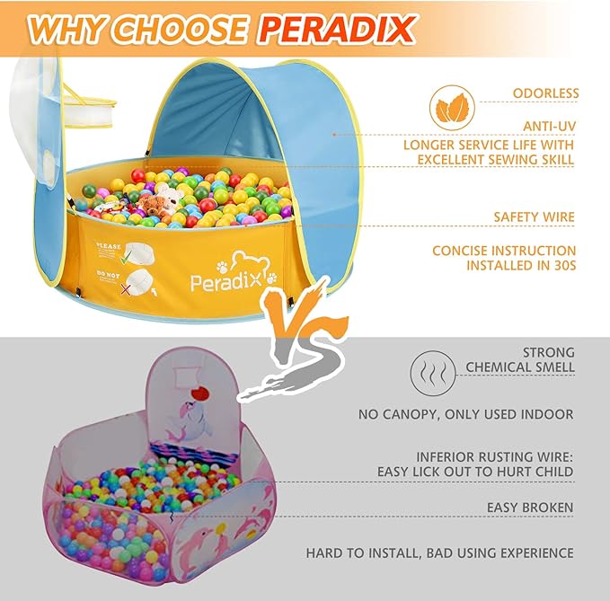 Peradix Paddling Pool for Kids & Pets, Kids Ball Pit Tent 3 in 1, Pop Up Wading Pool Tent with UV Protection Sunshade Canopy Basketball Hoop, Portable Beach Backyard Toys for Indoor Outdoor Activity