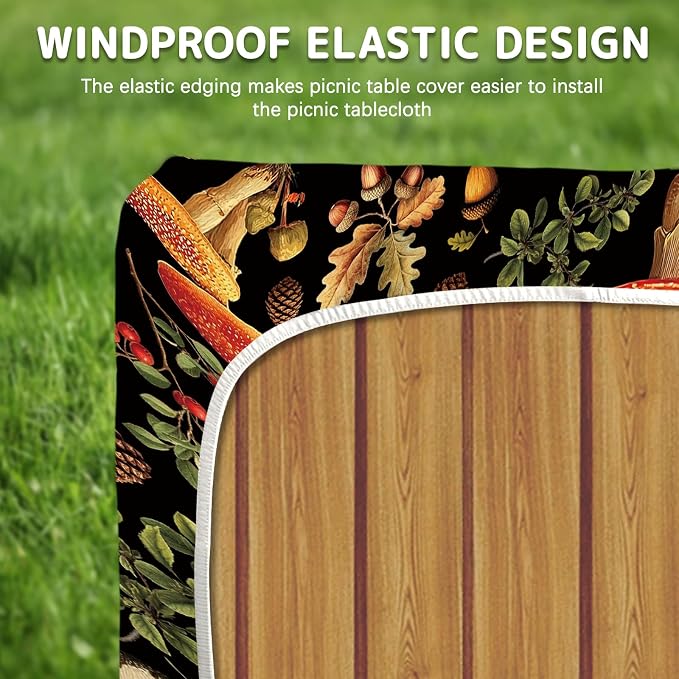 Picnic Table Cover with Bench Covers Elastic Edges, 3 Pcs Mushroom Fitted Table Cover with Drawstring Bag, Waterproof Windproof Aesthetic Camping Tablecloth, Outdoor Camping Essentials 72 Inch