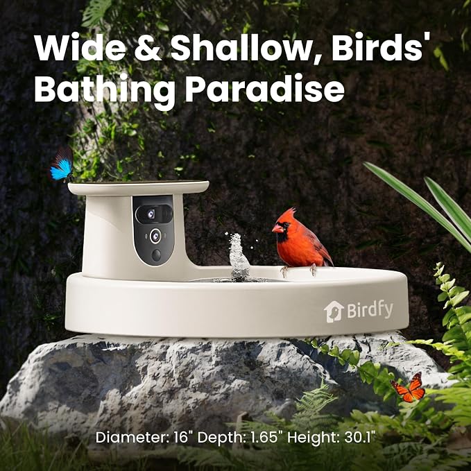 Birdfy Smart Bird Bath with Camera Solar Powered & Fountain, Dual-Lens Camera for Wildbird Watching, Auto Capture Bird Videos & Motion Detection - AI by Subscription (Yellowstone)