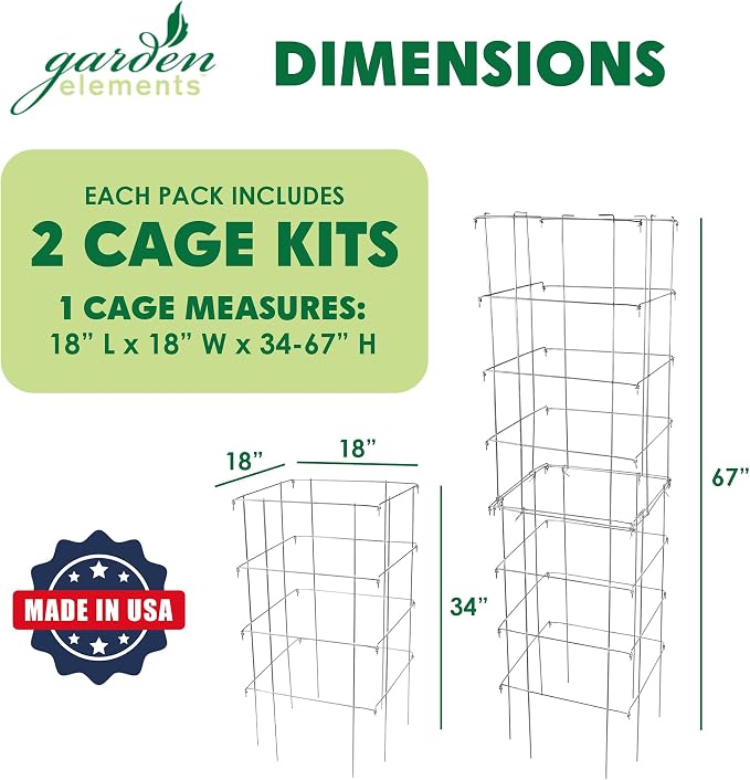 Garden Elements Square Tomato Cage, 67 Inch (Pack of 2) - Heavy Duty Galvanized Steel Plant Support with Adjustable Height and 8-Leg Stability for Climbing Vegetables & Vines