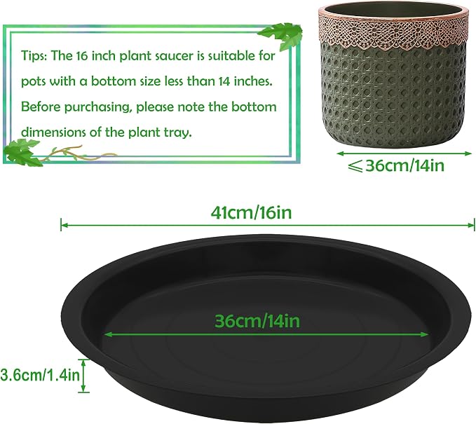 8 Pack 16 Inch Round Plant Saucers for Less 14 Inch Pot Indoors Outdoors Plant Trays for Pots Planter Saucer Plastic Drip Tray Planter Water Tray (Black, 16"(8pcs))