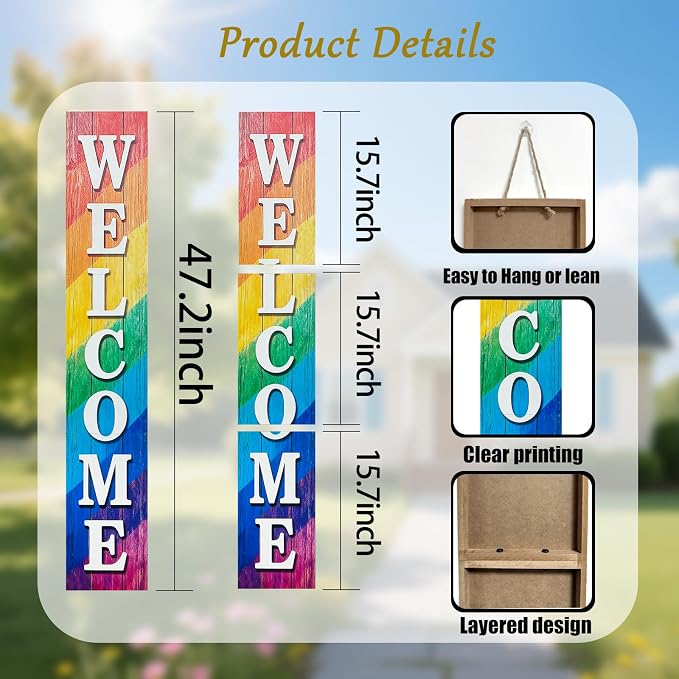 Vertical Wood Welcome Sign for Front Porch Vertical Decorative Sign Front Door Outdoor Indoor Welcome Sign 47.2x7.8 Inch Large Farmhouse Style(Rainbow)