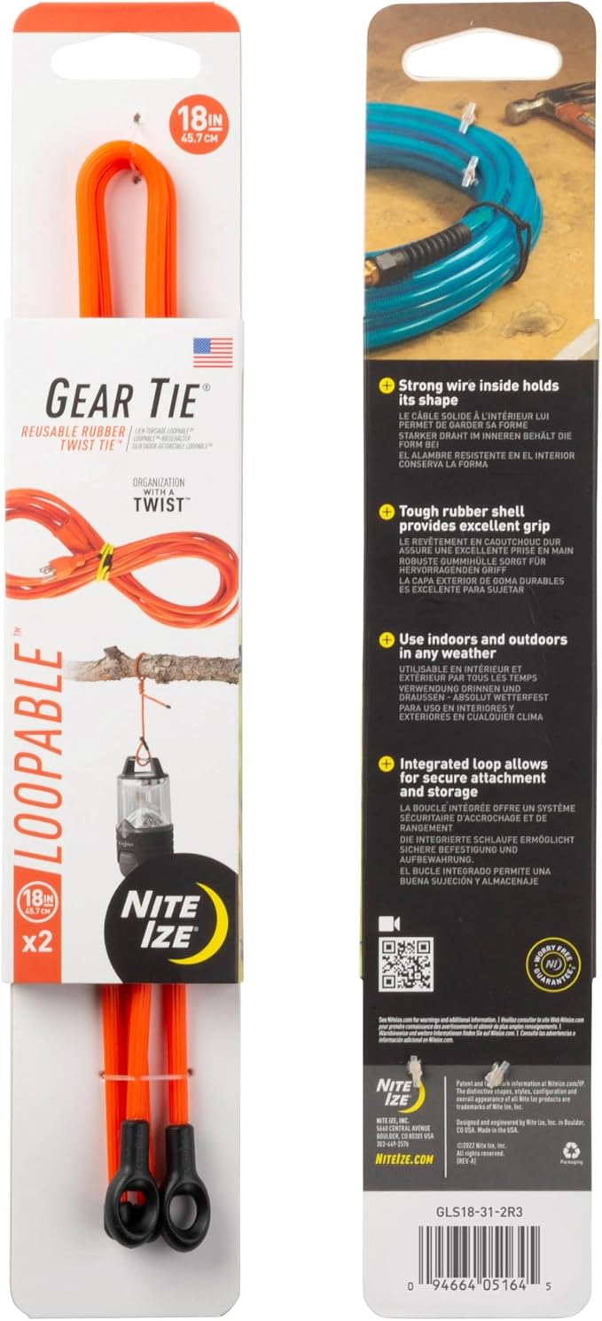 Nite Ize Gear Tie Loopable Twist Tie - Reusable & Flexible Twist Ties - Bendable Cable Ties for Gear & Cords - Loopable for Secure Fastening - 18", Bright Orange (3 Pack)