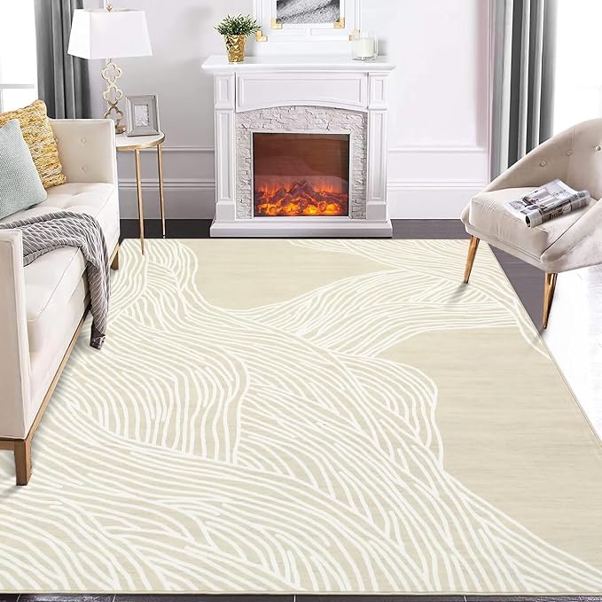 GAOMON 10x13 Large Washable Indoor Rug - Modern Abstract Aesthetic Lines Printed Floor Cover - Soft Faux Wool, Low Pile, Non-Slip, Foldable Thin Accent for Living Room Bedroom - Camel