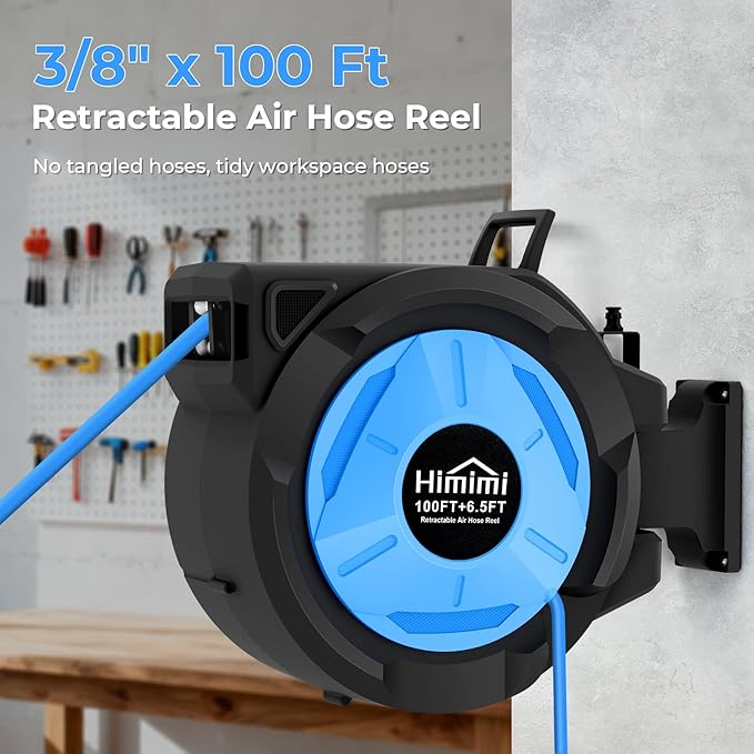 Retractable Air Hose Reel, 3/8" x 100 Ft Hybrid Hose Air Compressor Hose Reel with 6.5 Ft Lead-in Max 300 PSI, Air Hose with Any Length Lock, Automatic Rewind, 180° Swivel Bracket, Quick Coupler