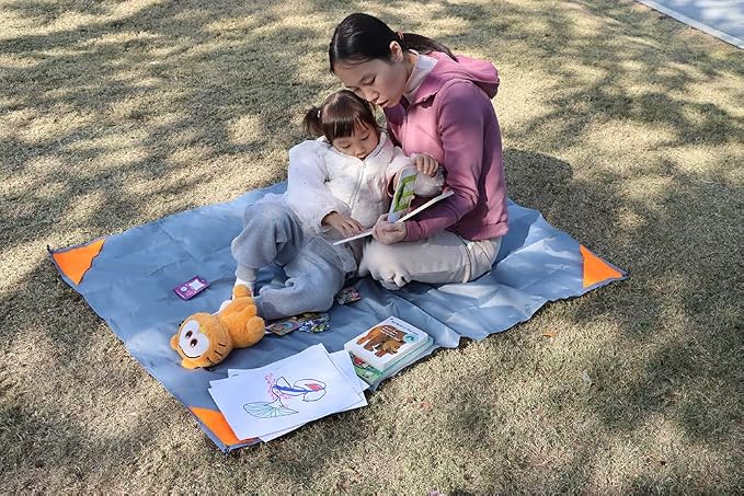 Orga'Neat Pocket Picnic Blanket, Beach Mat Waterproof Sandproof, Compact Lightweight Small Tarp for Camping, Hiking, Backpacking, Festival, Travel, Foldable in Bags (Grey/Orange, 55"x39")