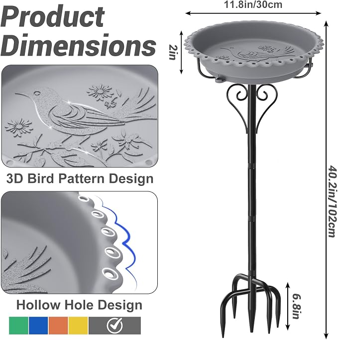 Birdbaths for Outdoors,40In Garden Birdbath with 12" Removable Plastic Bowl,Bird Baths Feeder with Sturdy 5 Prongs Base for Outdoor Garden Patio Yard Lawn Decor (Gray)
