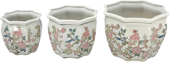 Galt International Multi Color Peony Round Fluted Floral Porcelain Ceramic Plant Flower Planter Pot Set of 3 (7.5", 10", 13") Garden Pots Chinese Asian Design Pink Blue Green