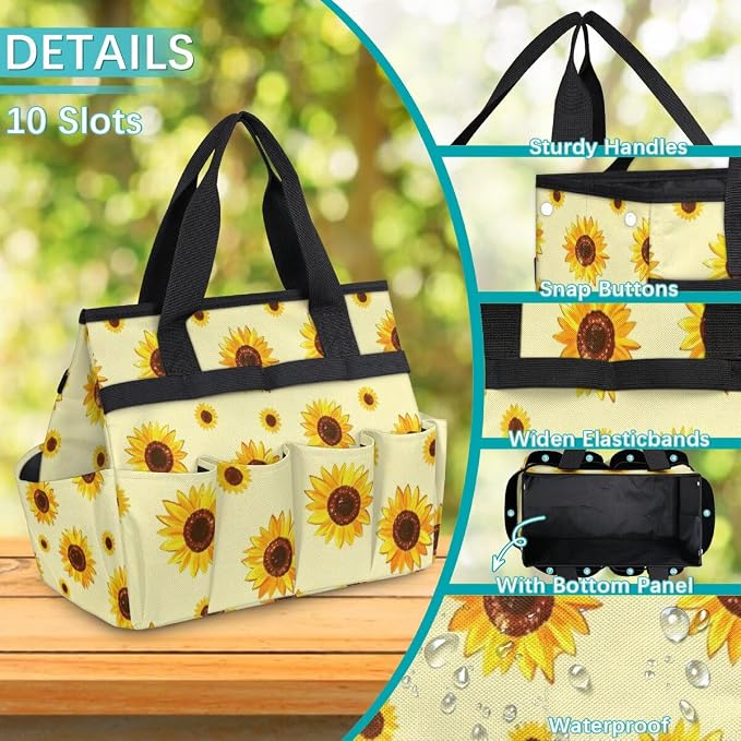 Sunflower Gardening Tool Bag,Heavy Duty Garden Tote Bag,Portable Oxford Gardening Storage Basket Organizer Handbag with Pockets Handle,Hand Tools Gifts for Outdoor Garden Lawn Yard