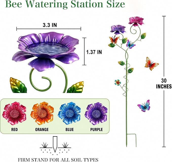 2 Pack Bee Watering Station, 3D Colorful Metal Bee Bath for Garden, Butterfly Feeder with Flower Design, Anti-Drowning Bee Watering Feeder Cups for Outdoor Yard Lawn Patio Decor