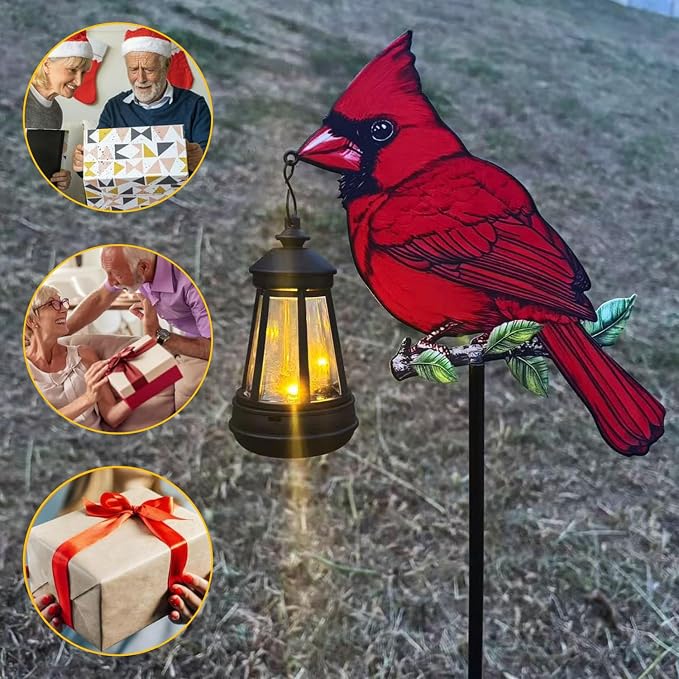 2 Pack Solar Lanterns Outdoor Decor Solar Bule Jay Lanterns Solar Cardinal Redbird Lights Metal Stake Yard Garden Decor Art Figurine Waterproof LED Lights Gifts for Mom Grandma Women (Red Bird)