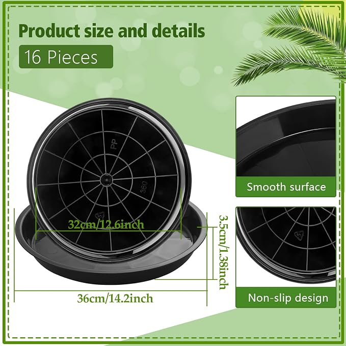 Honeydak 16 Pack 14.2 Inch Plant Saucer Plastic Plant Water Tray Plastic Saucers for Indoors Outdoors Round Pot Planter Heavy Duty Drip Trays for Garden Flower, Black