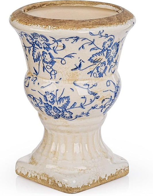 Sungmor Small Ceramic Urn Planter - Blue and White Floral Pedestal Flower Pot, Decorative Vintage Chinoiserie Style Planters, Tuscan Accent Vase Indoor Outdoor Plant Holder with Drainage