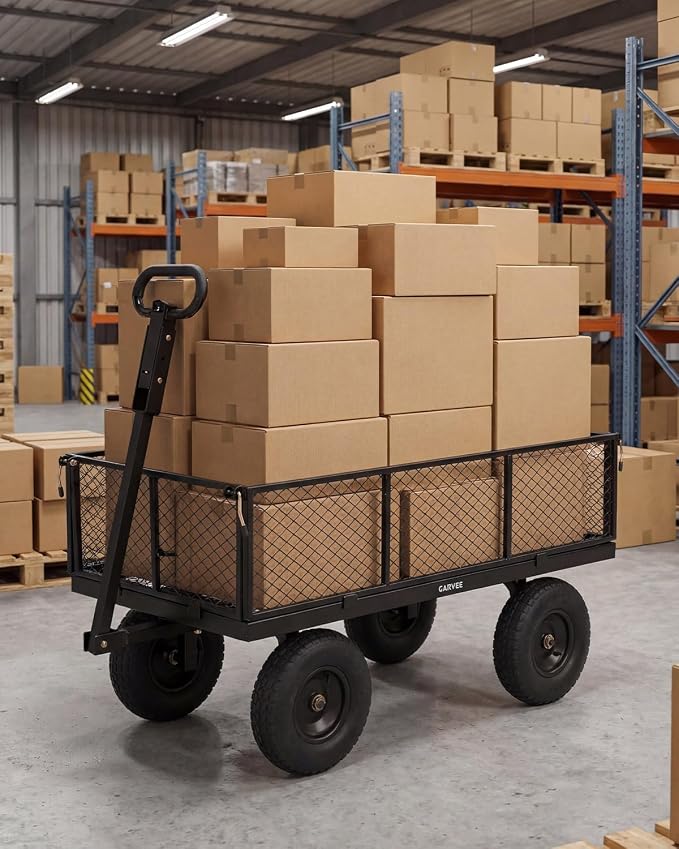Garvee Versatile Outdoor Utility Cart-1000LBS Heavy-Duty, 13" All-Terrain Pneumatic Tires, Vehicle-Connectable, Easy Maneuverable Lawn Cart with Removable Mesh Panels for Gardening & Landscaping,Black