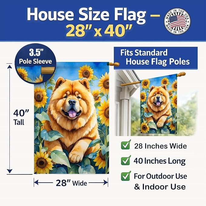 Caroline's Treasures DAC6055CHF Chow Chow in Sunflowers House Flag Large Porch Sleeve Pole Decorative Outside Yard Banner Artwork Wall Hanging, Polyester, House Size, Multicolor