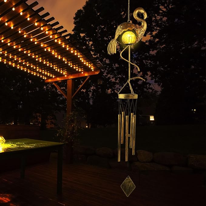 Solar Wind Chimes for Outside Gifts for Women Mom Grandma Sister Crackle Glass Ball Flamingo Wind Chimes Solar Lights Outdoor Decor for Garden Backyard Patio Yard Porch, Mothers Gift Birthday Gifts