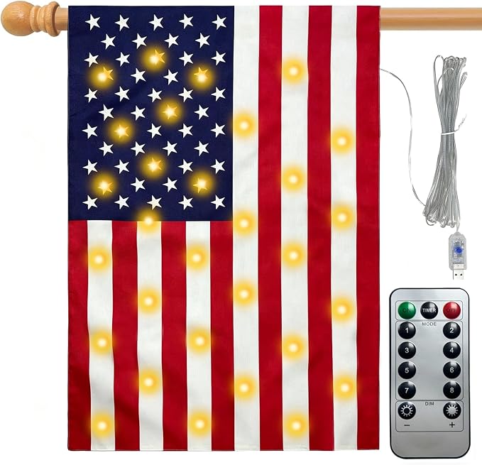 28 x 40 Inch Large Size American Flag Lights,USB Powered Light Up American Garden Flag(Power Supply not Included),Memorial Day,4th of July Decorations,Lighted Garden Outdoor Flag