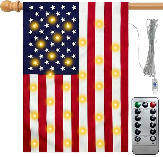 28 x 40 Inch Large Size American Flag Lights,USB Powered Light Up American Garden Flag(Power Supply not Included),Memorial Day,4th of July Decorations,Lighted Garden Outdoor Flag