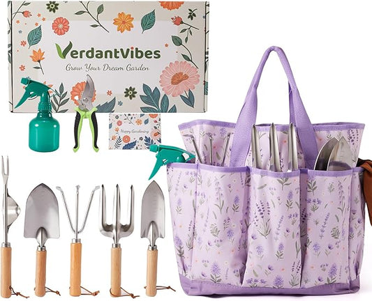 VerdantVibes Gardening Tool Set - 10 Piece Stainless Steel Garden Tools with Wood Handle, Pruners & Purple Lavender Print Tote Bag - Heavy Duty Gardening Gifts for Women Mom & Purple Lovers