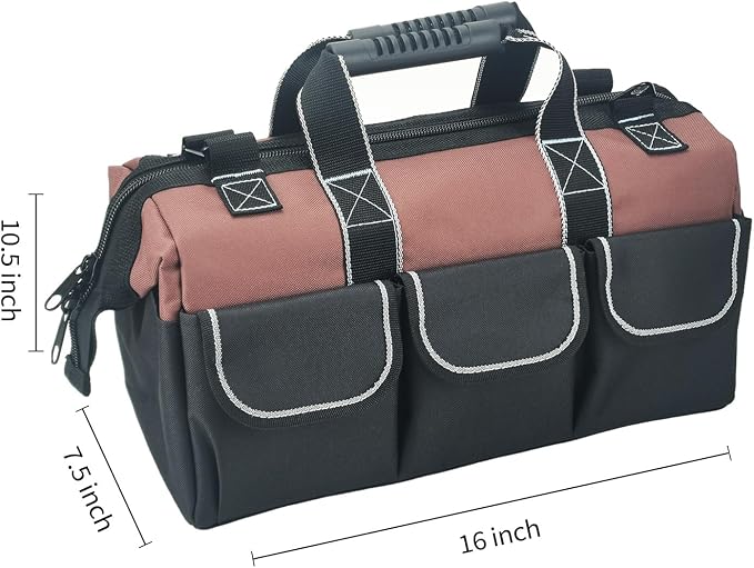 Garden Tools Bag 16 Inch Wide Mouth Tool Bag with Molded Base and Plastic-Padded Inside Pockets for Tool Storage, 600D Polyester Fabric, Brown Color