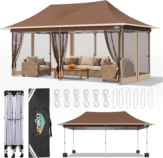 COBIZI 10x20 Pop up Canopy Tent -12x20 Gazebo, Party Tents for Parties, Carpas para Fiestas, Large Outdoor Popup Patio Screened Gazebos, Shelter Tents with Net for Backyard, Commercial,Brown