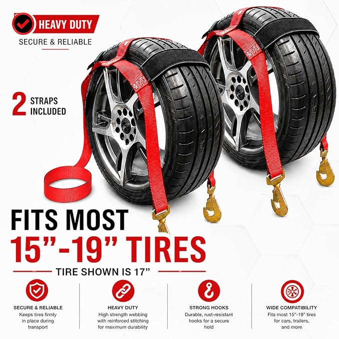 Boxer Pro Tow Dolly Basket Straps with Twisted Snap Hooks 2 Pack – Wheel Bonnet Tie Down System – 15”-19” Tires, 10,000lbs Breaking Strength with Rubber Sleeve Extra Security – Wheel Car Basket