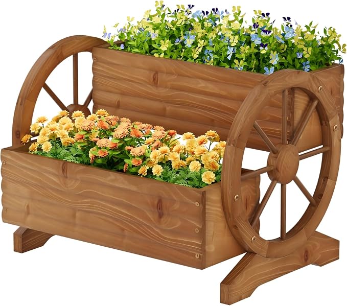 Wooden Wagon Planter with Wheels, Flower Pots, Brown, Large | Outdoor Flower Cart, For Patio Balcony Decoration, Succulent Flower Pot, Indoor Backyard Yard Decor