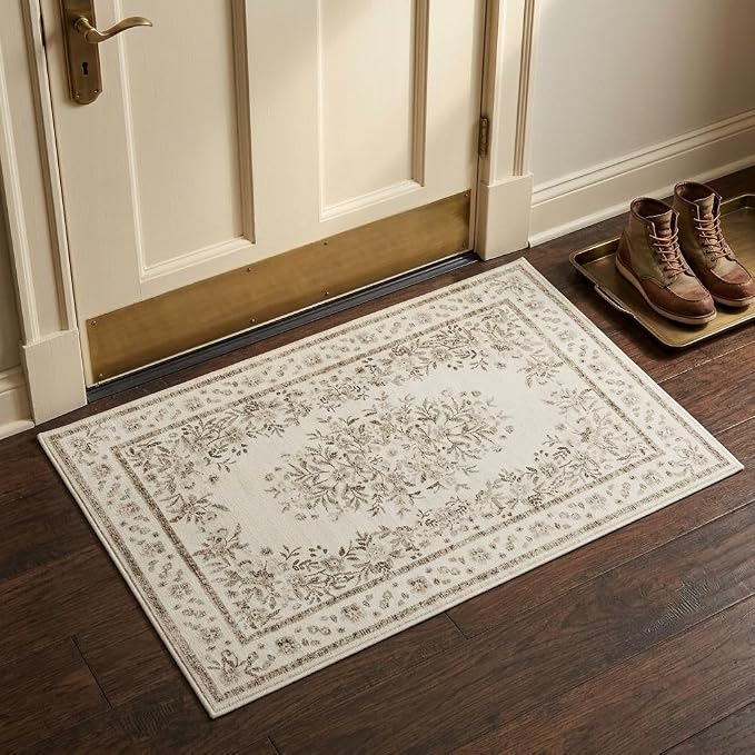 GarveeHome 2x3 Small Rug for Kitchen Vintage Floral Bordered Throw Rug | Leaf Flower Doormat Distressed Botanical Accent Mat Machine Washable Non-Slip Beige Carpet for Hallway Porch Bathroom