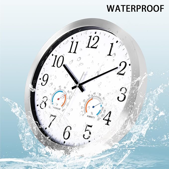 Caysie 16 Inch Indoor Outdoor Clocks Waterproof with Thermometer and Hygrometer Combo, Silent Battery Operated Quartz Metal Wall Clock for Patio Pool Bathroom Home (White)
