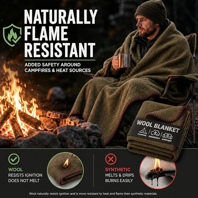 Wool Camping Blanket – 70% Wool Heavy-Duty Military Style Throw, Warm & Washable, Fire Retardant Cover for Emergency, Survival & Outdoor Use – Perfect for Camping, Car, Home & Hiking, Olive 62x84