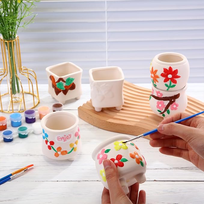 Leitee 24 Pcs Paint Your Own Ceramic Pot Bulk 2.76 in, Ready to Paint Small Pot Mini Succulent Planters Pottery Painting for Summer Classroom Craft Gift DIY Art Activity (Lovely Flowers)