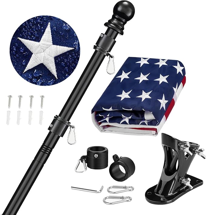 American Flag Pole Kit for House, 6FT Black Metal Pole with 3x5FT US Flag | Embroidered American Flag for House on 6 Feet Rust Proof Aluminum Pole with 360 Degree Rotation Tangle Free Design