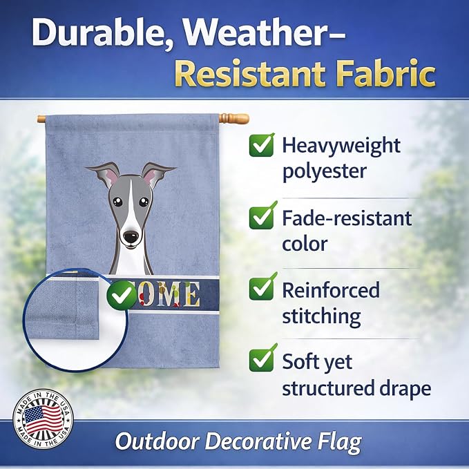 Caroline's Treasures BB1422CHF Italian Greyhound Welcome House Flag, Blue Large Porch Sleeve Pole Decorative Outside Yard Banner Artwork Wall Hanging, Polyester, House Size, Multicolor