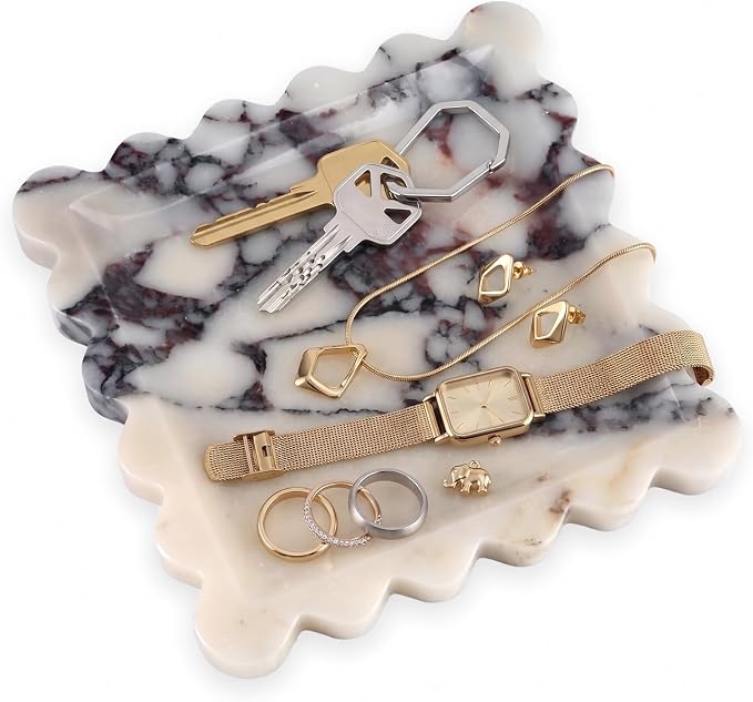 Scalloped Square Marble Decorative Tray, Natural Stone Vanity & Jewelry Tray, Trinket Organizer for Ring, Key, Dresser, Nightstand, Bathroom Counter & Kitchen Sink(Calacatta Viola)