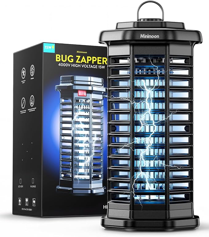 Minimoon Bug Zapper Outdoor 4000V Powerful Electric Mosquito Zapper, 15w Fly Trap Outdoor, IPX4, Corded Fly Zapper for Indoor, Yard, Backyard, Patio, Camping (Black)