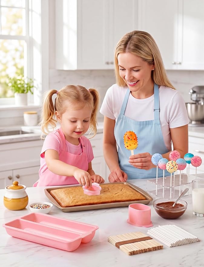 WDAHDHP Cake Pop Mold Kit, Including Circle Cake Pop Cutter, 9 Inch DoubleTray, Cake Pop Stand, Lollipop Sticks, Clear Treat Bags and Gold Twist Ties for Home Desserts Baking Accessories, Pink