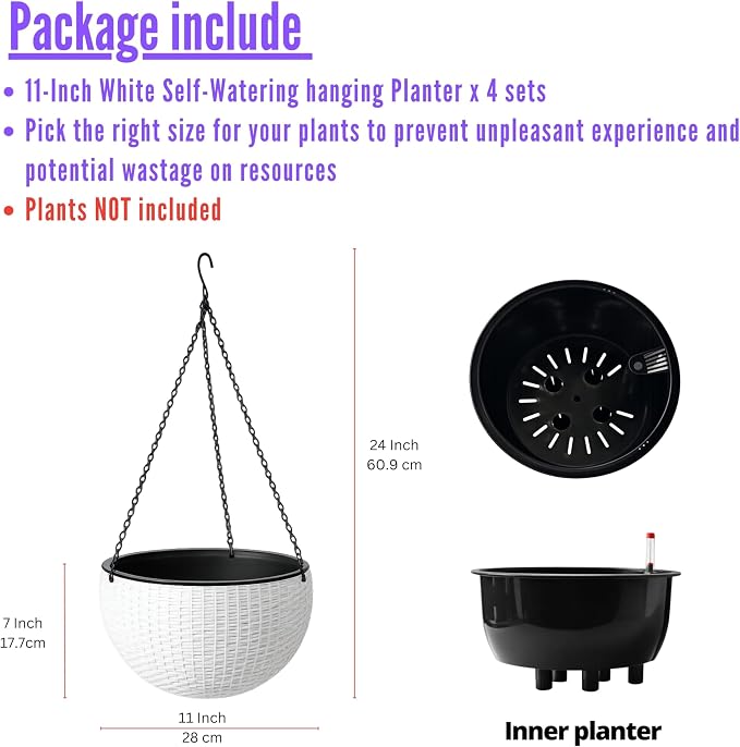 LaLaGreen Hanging Planters for Indoor Plants (11 Inch, 4 Pack) White Rattan Style Self-Watering Hanging Flower Pots with Water Level Indicator, Round Baskets Metal Chain for Balcony Patio Garden Decor