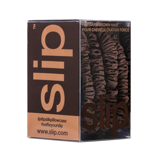 Slip Silk Hair Ties — Skinny Silk Dark Brown Scrunchies, No Damage, No Crease, Anti-Breakage |100% Mulberry Silk | All Hair Types | Made with Proprietary Slipsilk™ | Set of 4