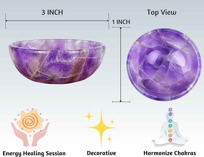 Amethyst Crystal Bowl - 3 Inch Decorative Bowls for Room and Home Decor - Gemstone Healing Crystals for Elegant Display, Positive Energy Balance and Gift