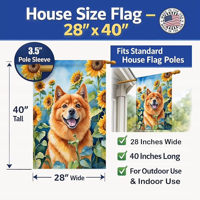 Caroline's Treasures DAC6077CHF Finnish Spitz in Sunflowers House Flag Large Porch Sleeve Pole Decorative Outside Yard Banner Artwork Wall Hanging, Polyester, House Size, Multicolor